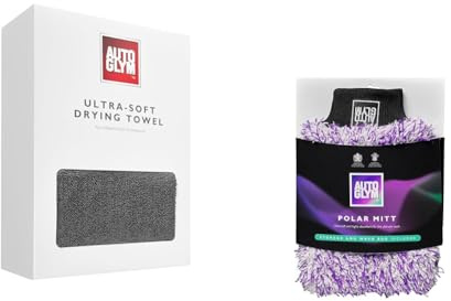 Autoglym Ultra-Soft Drying Towel, Extra Large Car Drying Towel, Ultra-Absorbent Twisted Loop, Lint Free Finish & Polar Car Wash Mitt with Storage and Washbag Included, Premium Fine Microfibre Strands