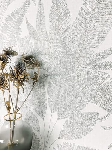 Newroom papel pintado gris hojas de palmera selva salón | tacto textil mate, fondo crema con helechos grises, motivo floral boho, no tejido, dormitorio y recibidor