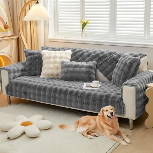 Royhom Plüsch Sofa Überzug L Form 1/2/3/4 Sitzer Couch Überzug Ecksofa, Sofaschoner rutschfest, Superweiche SofaÜberwurf aus Kunstpelz für Sofa, Teppich, Fensterbank Kissen(Dunkelgrau 90x210cm)