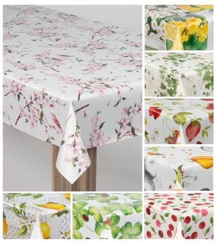 laro Wachstuch-Tischdecke Wachstischdecke Gartentischdecke, Muster:Kirschblüten Rosa Weiß, Größe:110x140