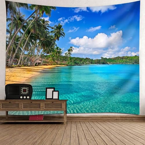 Mesnt Wandteppich Strand Palmen, 260x240cm Palmenstrandlandschaft am Meer Wandteppiche für Wohnzimmer Schlafzimmer, Wohnkultur | Blau Grün