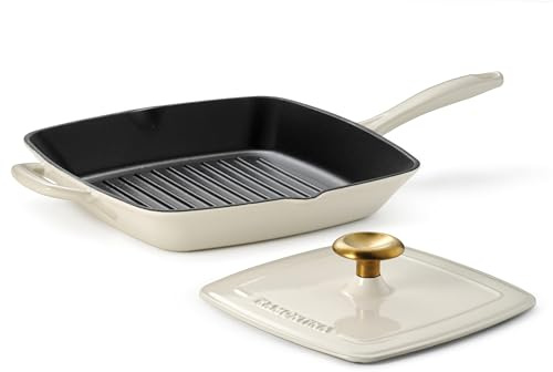 Tramontina Bestow Enameled Cast Iron Grill Pan with Press, 11-inch, Latte with Gold Knob