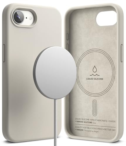 Ringke Silicone Magnetic for iPhone 17e / 16e Case [Compatible with MagSafe] Soft Lightweight Anti-Stain Premium Liquid Silicone Protective Cover with Microfiber Lining - Stone | Compatible with MagSafe, Feels Velvety Soft, Lightweight Thin Slim Cute Phone Cover for Women, Men