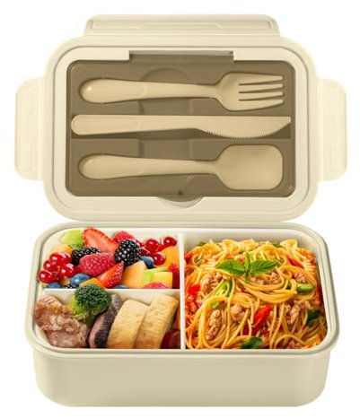 Diboniur Boîte à lunch 1400 ml avec couverts, Schiscetta déjeuner enfant adulte Bento Box avec 3 compartiments, schiscetta récipient hermétique pour micro-ondes, bureau de travail pique-nique (Khaki)