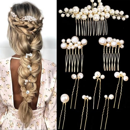 FloralGrace 9 Stück Haarschmuck Set, Perlen Braut Haarkämme Und Pins Aus Metall-Gold, Exquisite Haaraccessoires Für Damen Für Hochzeiten Und Besondere Anlässe