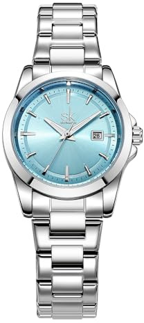 SHENGKE Minimalistische Quarzuhren für Frauen mit Datum Edelstahlarmband und modischem Farbzifferblatt (Silber-Blau)