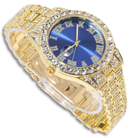 Richhut Diamantklocka för män grön/blå/röd urtavla 18 mm bred rem pläterad i 18K äkta guld/vitguld platina med valfri kubansk länkkedja, present till pojkvän make, Endast blå guldklocka