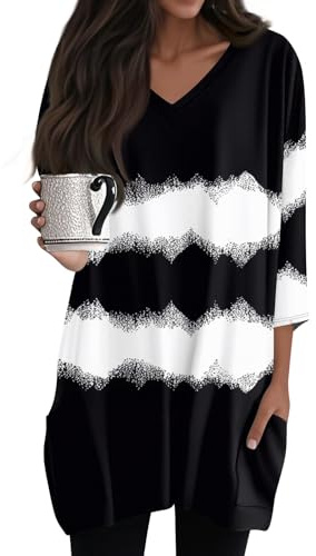 Longshirt Damen Elegant 3/4 Ärmel V-Ausschnitt Longtops Lässig Sommer Longbluse Sommer Oberteile Große Größen Tunika,Schwarz,XXL