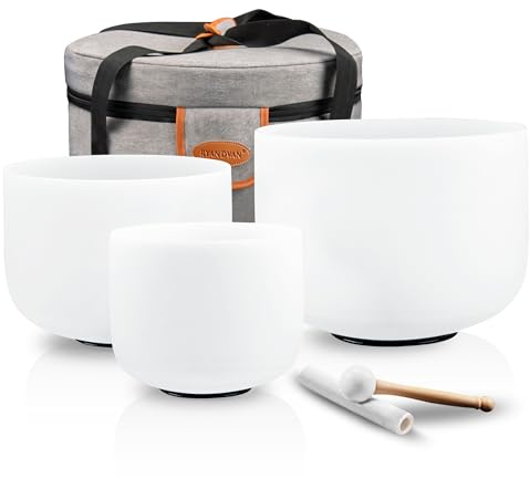 RYAN DVAN 432HZ Crystal Singing Bowl Set of 3, 6B Crown, 7G Throat, 8F Heart with Case Suede Striker&O-Ring Sound Therapy for Yoga, Reiki, Chakra Healing Energy Tuning&Mindfulness Kit