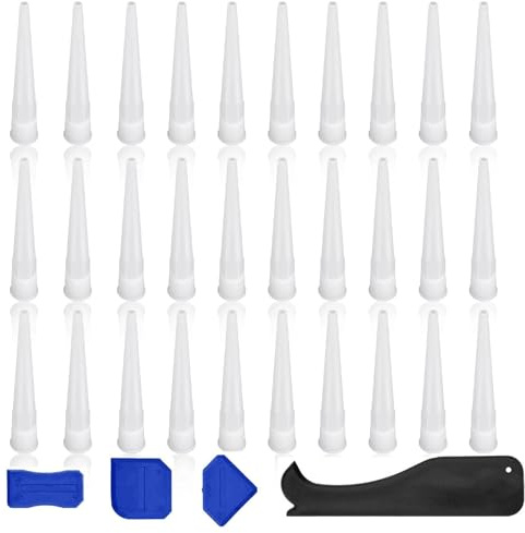 LNSYSNS Embout Cartouche Silicone, 30 Pièces Buses D'étanchéité, Blanc Douille Cartouche Silicone, avec 4 Grattoirs, Remplaçables Buse de Pistolet à Calfeutrer, pour Maison, Construction, L'industrie