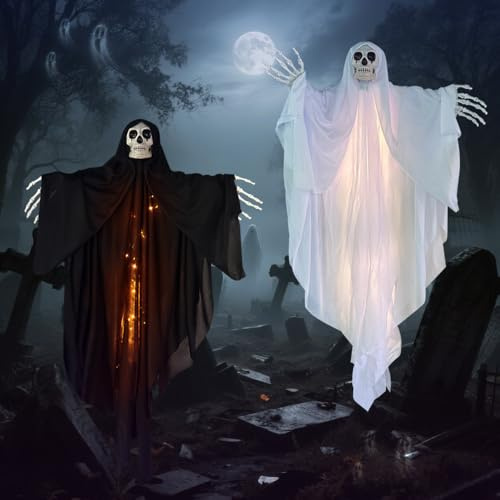 2 Pezzi Decorazioni Halloween da Esterno,Spaventosa Scheletro Appeso con Luci LED 100x60cm per Esterni e Interni,Fantasma per Porta, Giardino, Terrazza, Interni,Facile da Appendere