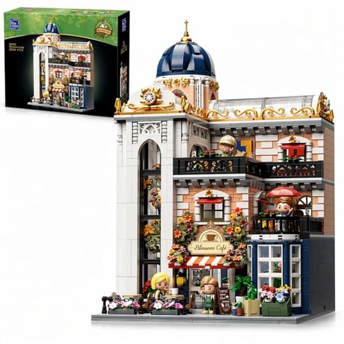 PANTASY Blossom Café, modulares Klemmbausteine Set | 3-stöckiges Gewächshaus-Café mit Kunstgalerie, Blumenatrium und detailreichen Räumen für modulare Straßenszenen