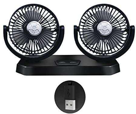 MARCBUSE Ventilador de coche portátil alimentado por USB para coche, ventilador de aire fuerte de 360 grados, 3 engranajes con 2 interruptores USB de escritorio