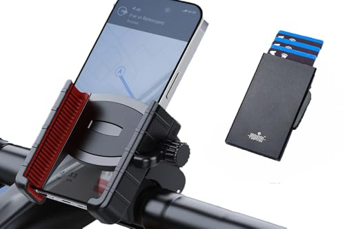 Poquitos Soporte para teléfono móvil para bicicleta con soporte para tarjetas RFID, juego 2 en 1, giratorio 360 grados, cierre rápido, resistente a golpes, soporte para smartphone de 4,5 a 7 pulgadas