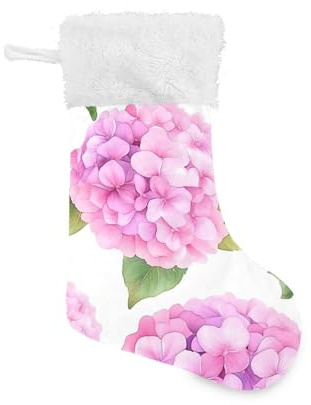 Pink Hydrangea Flowers on White Christmas Stockings 2 Piece, 17.7 inches Velvet Hanging Decorations Stockings for Family Holiday Fireplace Xmas Tree Party