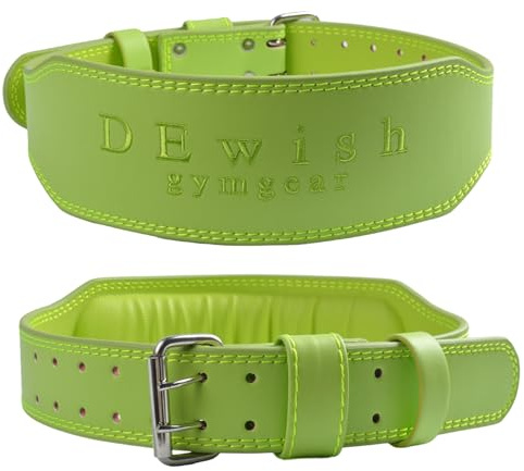 Leather Weightlifting Belt, 10 Adjustable Holes, 4”Width, Double Prong Power Belt for Gym Bodybuilding, weightlifting, powerlifting, squats and deadlifts (Neon Green, L (34-38))