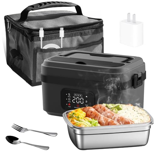 HAMON 1L 8000mAh Rechargeable Gamelle Chauffante,Lunch box Chauffante avec Vaisselle en Acier Inoxydable et Sac Isotherme,Boîte à déjeuner électrique sans fil pour Voyage(Gris anthracite foncé)