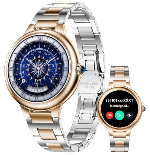 SOUYIE Damen Smartwatch mit Telefonfunktion, AMOLED, IP67, Silber Gold