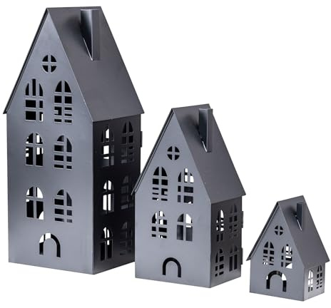 levandeo 3er Set Laterne Haus H13-37cm Metall Schwarz Deko Windlicht ndustrial Style Lichtdeko Lichterhaus Weihnachtsdeko Winterdekor