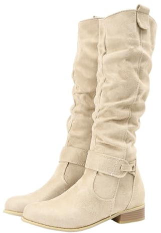 Slouchy knähöga stövlar dam platt låg klack mitt vadstövel med dragkedja rund tå hög kallt väder vad rider strider stövlar dra på vintage läder långa klänning tossor för damer, BEIgE, 38 EU