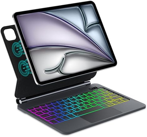 WAVATA Clavier pour iPad Air 13 Pouces M3/M2 2025/2024 et iPad Pro 12.9 6e/5e/4e/3e génération, Rétroéclairé 7 Couleurs AZERTY Français, Magnétique Flottant, Pavé Tactile Multi-Touch, Noir