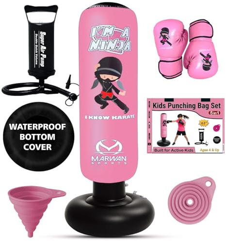 Marwan Sports 5-in-1 Kids Punching Bag Set with Gloves, Pump & Funnel – 63” Inflatable Boxing Bag for Kids 4-12, Durable PVC, Fast Rebound, Waterproof Base Cover with Handles, Gift for Girls (Pink)