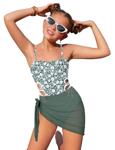 Bañador Niña 7-16 Años Natacion Una Pieza Bañadores Adolescente Chica con Relleno Cut out Tirantes Traje de Baño Piscina Flores Trikini con Falda Deportivos Playa (Ejercito Verde, 15-16 años)