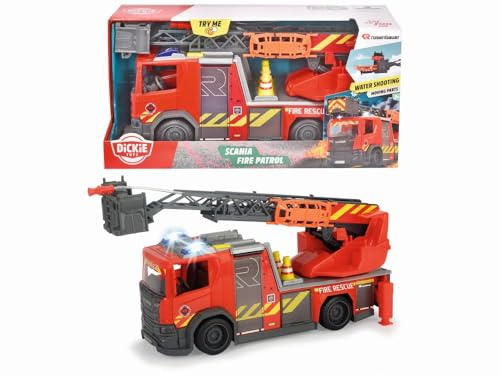 Dickie Toys 203716017038 - Scania Brandbil - Dickie Toys Scania Brandbil med Frihjul, Ljus, Ljus, Vattenskutarfunktion, Förlängningsbar Stege och Öppningsbara Sidopaneler, 35 cm, Från 3 år