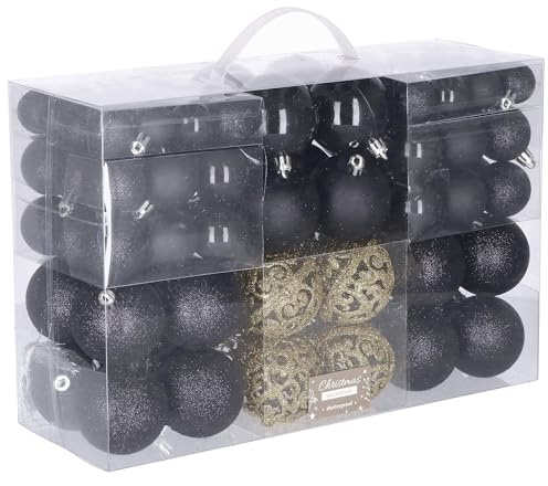 SPRINGOS Baumkugeln 100 Stück Ø 6,4,3 cm Weihnachten bruchsicher Glitzer Mat Weihnachtsdekoration (Schwarz, Gold)