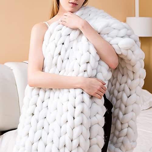 XWCG Chunky Knit Blanket Mjuk Täckfilt Mysig Och Varm Stickad Täcke Ullblandning Soffastol Heminredning Chunky Knit Filt Handgjorda Täckfiltar,White,60 * 60cm