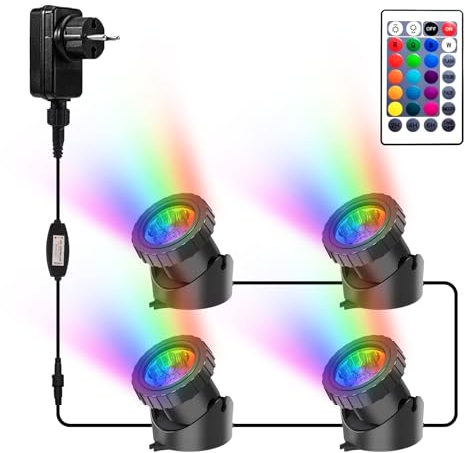 NATPOW Pond Lights Underwater Mains, RGB Underwater Light, Timer Aquarium Spot Lights with APP& Remote Control, IP68 Waterproof Multicolour Submersible Light for Fish Tank Garden Yard Pool (Set of 4)