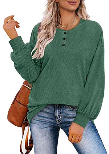 Top da donna a maniche lunghe da donna, casual, girocollo, spalle profonde, per lo shopping, verde scuro, Taglia unica