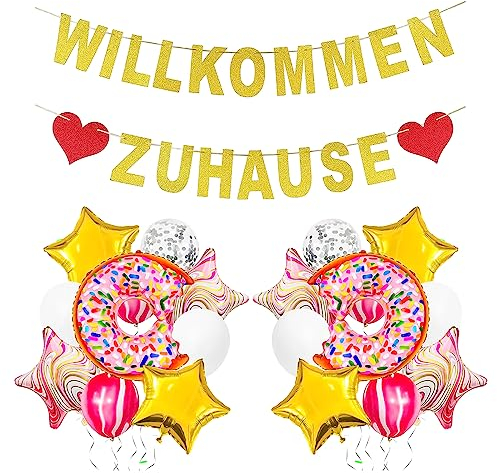 Girlande Willkommen Zuhause Banner, Donut-Ballons,Welcome Home Baby Ballon Deko Wimpel Banner, Herzlich Willkommen Schild Eburt Deko Willkommen Zurück für Zuhause