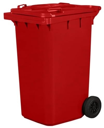 IMJ-Global - Cubo de Basura Alto Grande 240 Litros PN-EN 840 con Ruedas y Sistema de Enganche Mecánico de Recogida, Cubos de Basura de Reciclaje Contenedor Basurero en Plástico (Rojo)