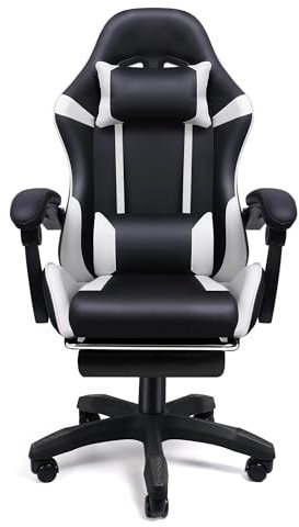 BOLLI Chaise Gaming, Siège de Bureau réglable, Fauteuil avec Repose-Pieds télescopique, Ergonomique, Mécanisme basculant, Appui-tête, Support lombaire, 150 kg, Noir et Blanc