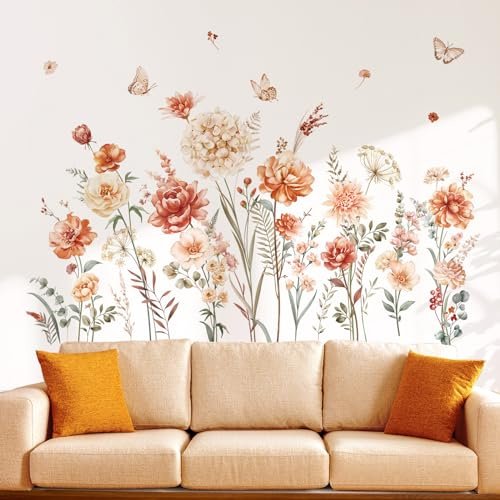 decalmile Wandsticker Blumen Boho Wandtattoo Pflanzen Blumenwiese | Abziehbare und Aufklebbare Wandaufkleber, DIY Abnehmbare Wandkunst Abziehbilder, Wandfreundlich, Leuchtenden Farben
