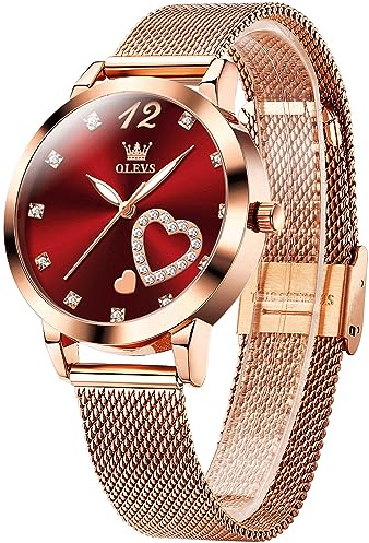 OLEVS Roségold Damenuhr Edelstahl, Lässig Klein Armbanduhr Damen Wasserdicht, Moderne Analog Uhr Damen mit Mesh Armband, Ultradünne Damen Uhr mit Diamant Herz