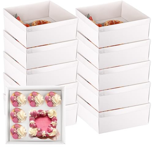 LDXDRU 10 Pack Bento & Cupcake Cake Box with Lid, Hold 5 Inch Cake & 4pcs Cupcakes, Biscuit Cake Box Set for Treat Dessert Cookies Muffins Pastry Party