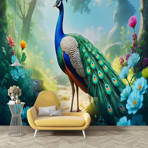 dyausi Papier Peint Motif Paon, Panoramique Style moderne Papier Peint Intissé Autocollant, Photo Poster Mural Décoration pour Salon, Chambre Adhésif Mural, 130x80cm - Jungle tropicale verte O9