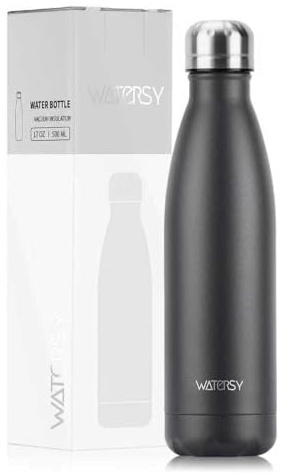 Borraccia Termica in Acciaio Inox 500 ml – Design WATERSY – Isolamento 24h Freddo / 12h Caldo, Antigoccia, Senza BPA, Ideale per Sport, Viaggio e Ufficio, Riutilizzabile (Nero)