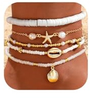 YEAMLTE Bracelet de Cheville Perles 5 Pièces, Cordon Élastique, Chaîne de Cheville avec Perles et Coquillages, Chevillères Bijoux pour Femme, Idéal pour l’Été, la Plage et les Vacances à Hawaï