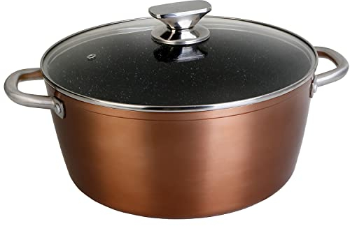 WECOOK! Professional Cazuela Alta Inducción con Tapa de Cristal 24 cm, Antiadherente Ecológico sin PFOA, Aluminio Forjado, Color Cobre, 2,8 mm Espesor, Asas de Acero Inoxidable, Vitrocerámica, Gas