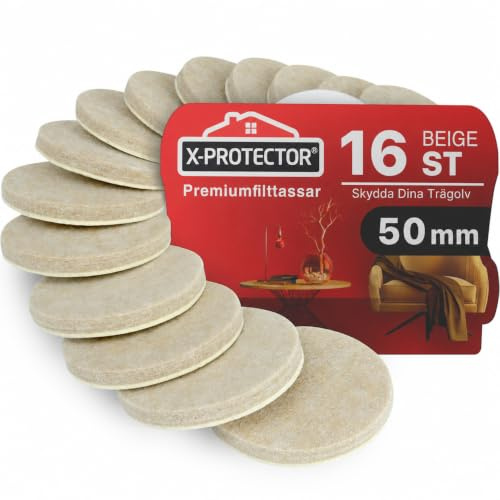 16 Heavy-Duty Filtkuddar för möbler 50mm X-Protector! Runda Självhäftande filtkuddar för Möbelfötter - De bästa Möbeltassar för alla golv för att förhindra repor. Skydda dina hårda golv! (Beige)