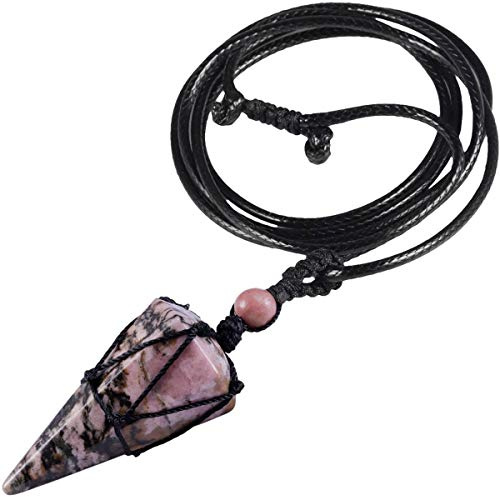 KYEYGWO Sechseckiger Kristall Anhänger Kette Damen Herren | Halskette mit Einstellbare Lederseil Polierte Quarz Spitz Stein Reiki Glücksstein Schmuck Meditation Spiritueller Edelstein