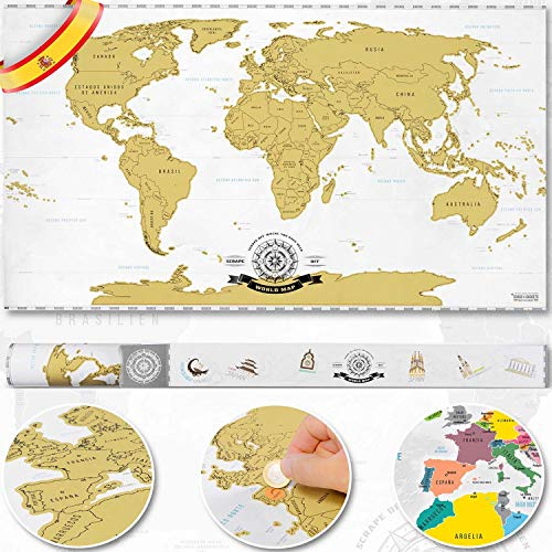 Scrape Off World Map Gold - XXL Weltkarte zum frei Rubbeln 82 x 45 cm - Rubbel Landkarte Deluxe Wandbild SPANISCHE VERSION
