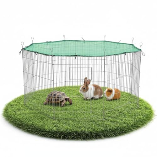Melko Freigehege Kaninchen Freilaufgehege mit Netz und Tür Stahl Ø 204 cm | 8 Gitterelemente je 75x80 cm, wetterfest, Netz schützt vor Greifvögeln und Sonne, für Meerschweinchen und Kleintiere
