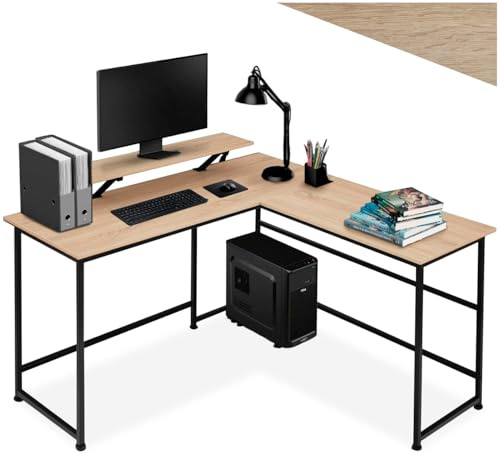 tectake® Bureau d'angle 140 x 130 x 76,5 cm, Support écran Coulissant, Table de Bureau Style Industriel Bureaux Ordinateur Meuble pc Meuble Ordinateur Table de Travail Teletravail Gaming, Bois Clair