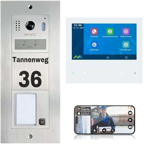 MATHFEL 2-Draht-Bus WLAN Video Türsprechanlage - Personalisierte Außenstation inklusive Gravur, ideal für Einfamilienhaus, mit 1x7'' Monitor