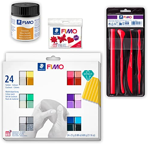 STAEDTLER Modellierset FIMO effect, ofenhärtende Modelliermasse, 24 Halbblöcke á 25g in effektvollen Farben, 4 Modellierwerkzeuge, Glanzlack, Halbblock FIMO und Ausstechform Gratis, 8013 C24-1X