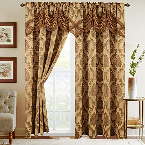 Elegant Comfort Set di 2 tende effetto jacquard con mantovana a cascata attaccata, 137 x 213 cm, oro/tortora